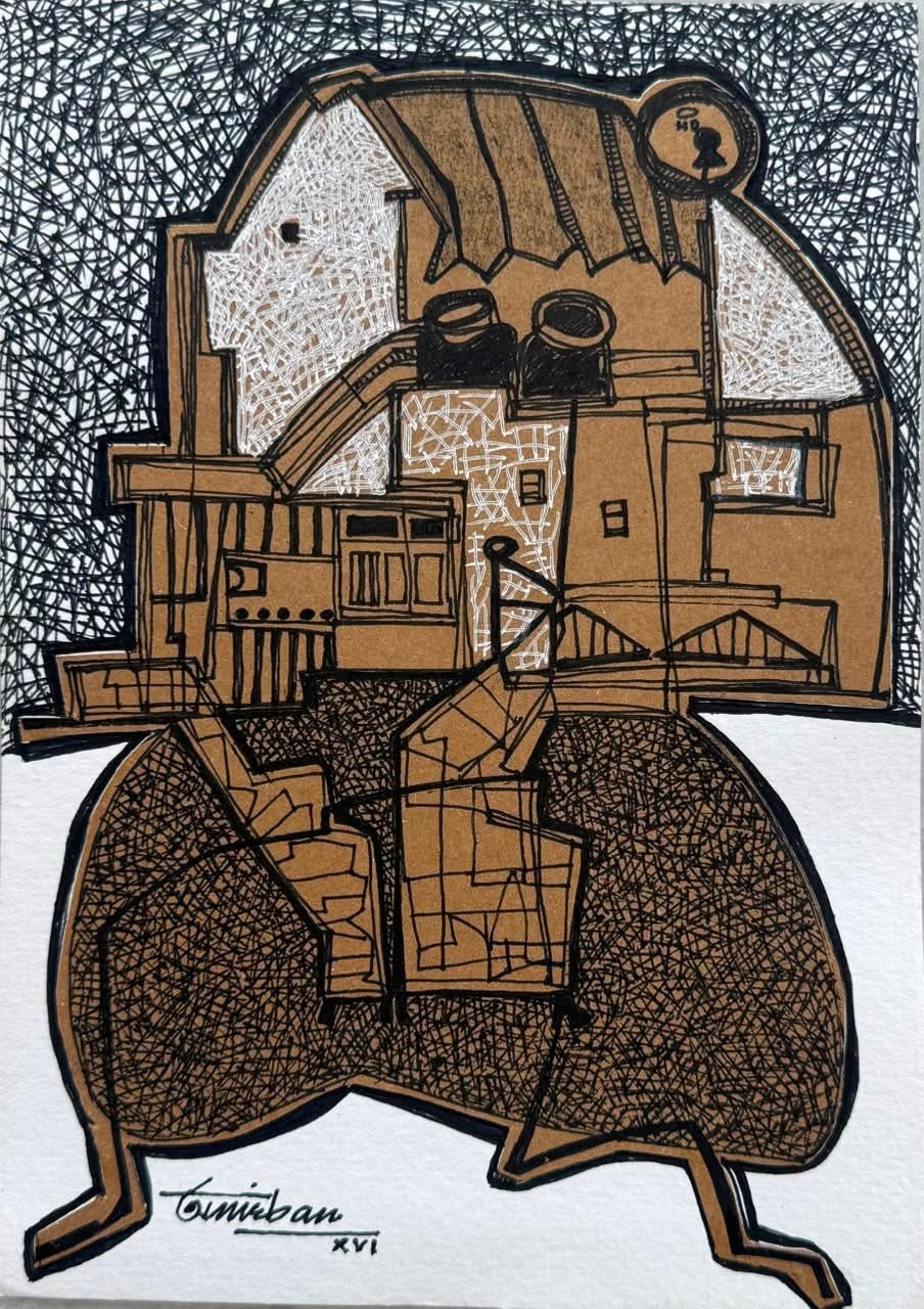 Visual Interaction With Geographical' contemporary mixed-media painting by artist Anirban Dhar, 7x5 inch, on paper
