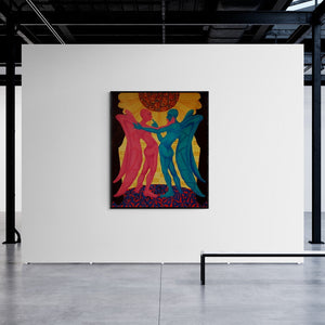 Pradipta Chakraborty's painting 'The Visual Molestation (Whispering Angels)' displayed in a modern living room setting