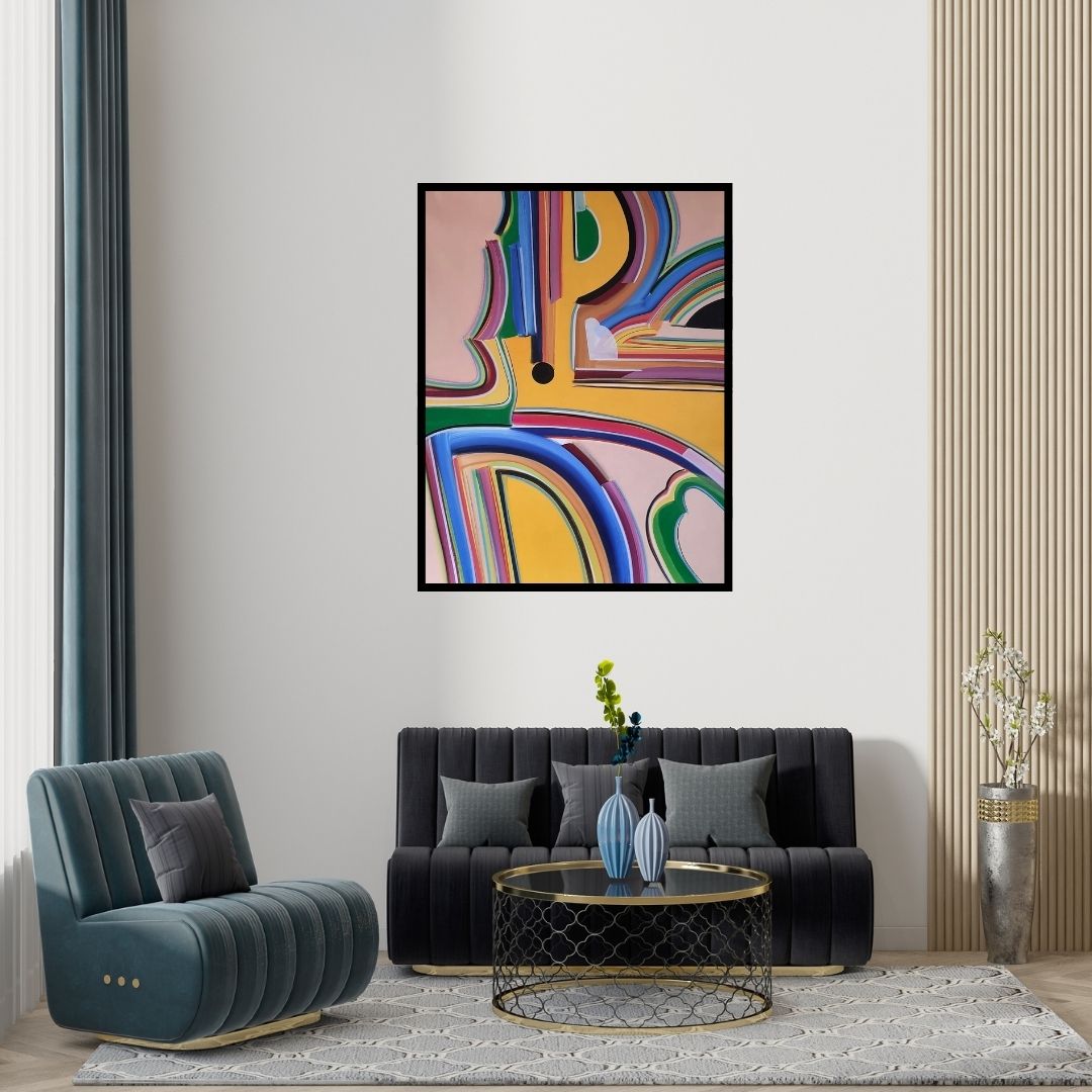 Preview of 'Visual Subversion Series 2 (Chromatic Convergence)' Painting by Amit Kalla shown on a wall in a furnished room.