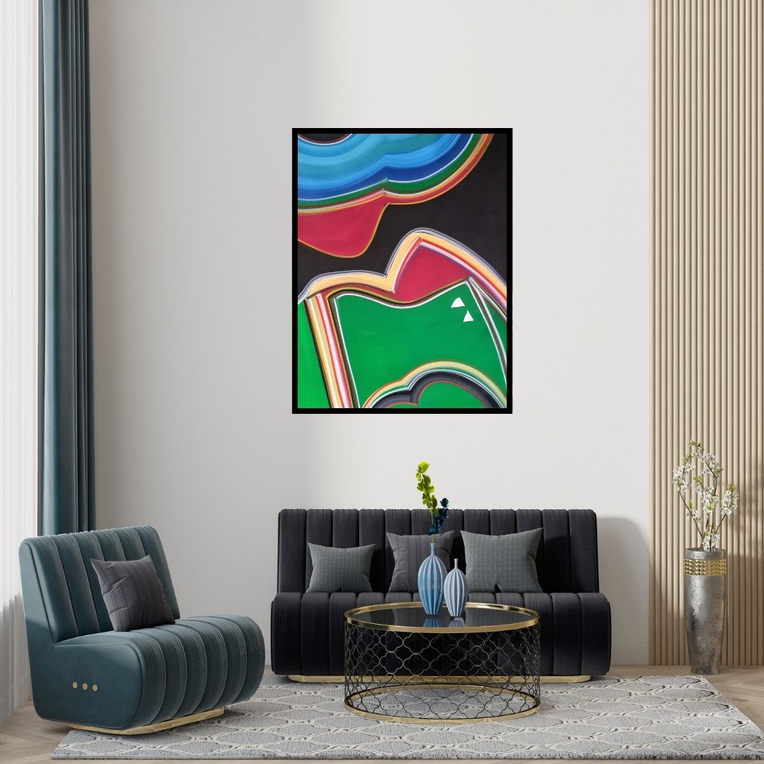 Preview of 'Visual Subversion Series 3 (Chromatic Currents)' Painting by Amit Kalla shown on a wall in a furnished room.