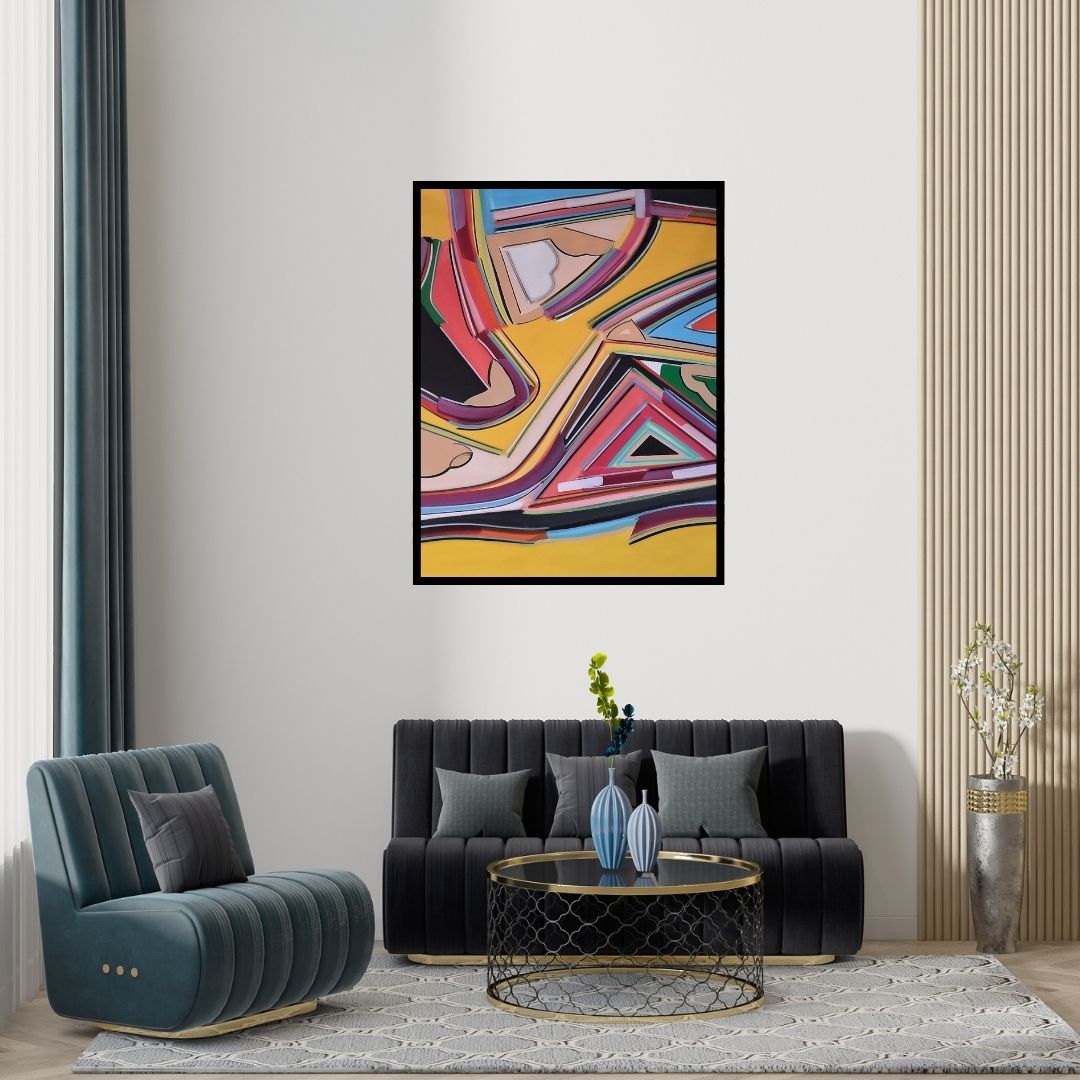 Preview of 'Visual Subversion Series 4 (Interplay)' Painting by Amit Kalla shown on a wall in a furnished room.