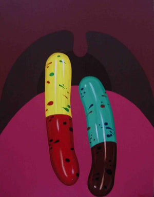 Vitamine Air (Two Pills) by Jayanta Bhattacharya, Original Acrylic Pop Art Painting on Canvas, Small Vertical Wall Art