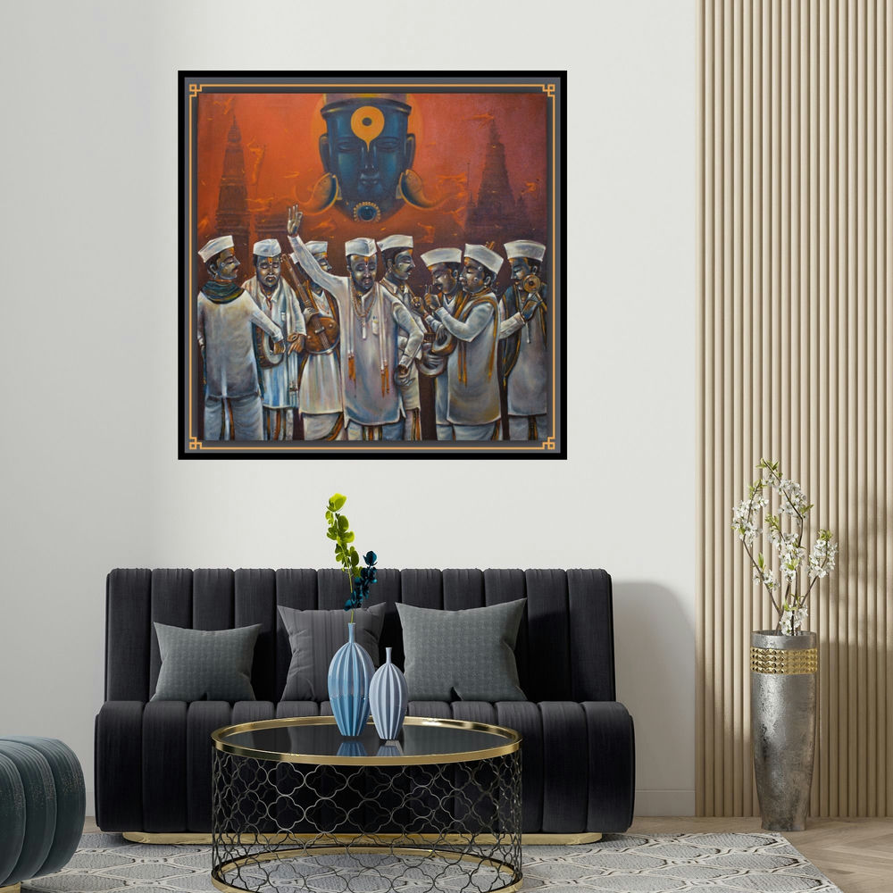 Sumon Naskar's 'Vitthal' painting visualized above a sofa in a contemporary room.