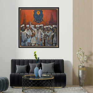 Sumon Naskar's 'Vitthal' painting visualized above a sofa in a contemporary room.