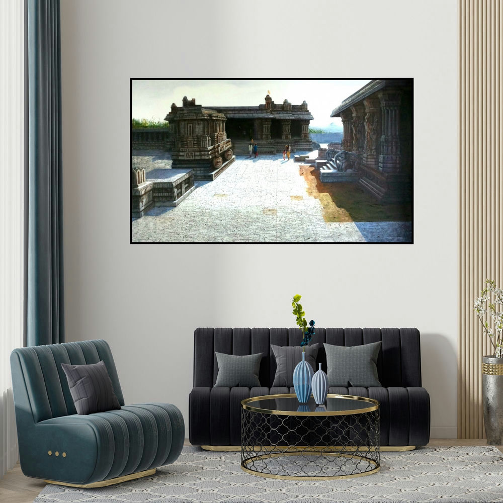 Pravin Pasare's 'Vitthala Temple Hampi 2 (Hampi Temple Scene)' painting visualized above a sofa in a contemporary room.