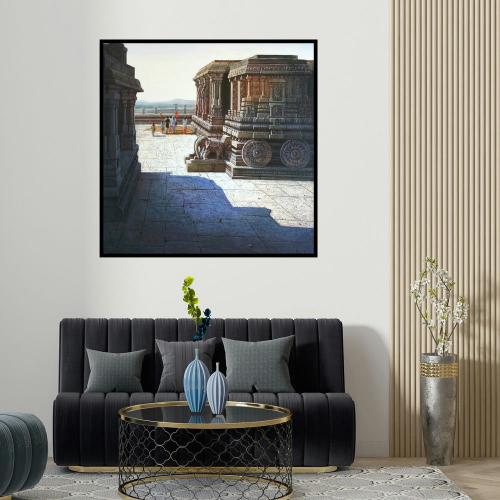 Pravin Pasare's 'Vitthala Temple Hampi 4 (Hampi Stone Chariot)' painting visualized above a sofa in a contemporary room.