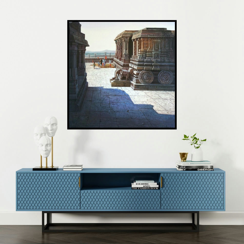 'Vitthala Temple Hampi 4 (Hampi Stone Chariot)' painting by Pravin Pasare shown on a wall in a furnished room.