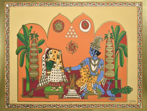 Vivah (Divine Union) by Jyoti Bhatt, Serigraph Serigraphs Religious Painting on Mixed Media, Medium Horizontal Wall Art