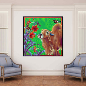 In-situ view of Ramu Das's 'Vola (Bull and Myna Birds)' painting in a room