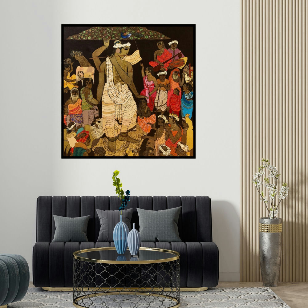 Siddharth Shingade's 'Vrindavan 4 (Krishna with Villagers)' painting visualized above a sofa in a contemporary room.