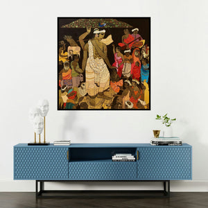 'Vrindavan 4 (Krishna with Villagers)' painting by Siddharth Shingade shown on a wall in a furnished room.
