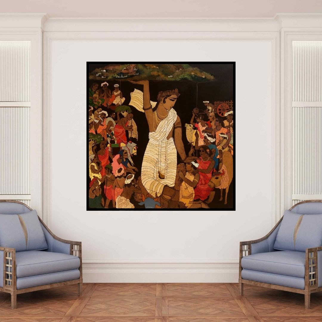 In-situ view of Siddharth Shingade's 'Vrindavan 4 (Krishna Lifting Govardhan Hill)' painting in a room