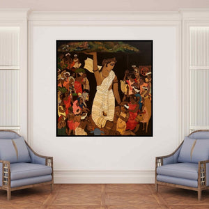 In-situ view of Siddharth Shingade's 'Vrindavan 4 (Krishna Lifting Govardhan Hill)' painting in a room