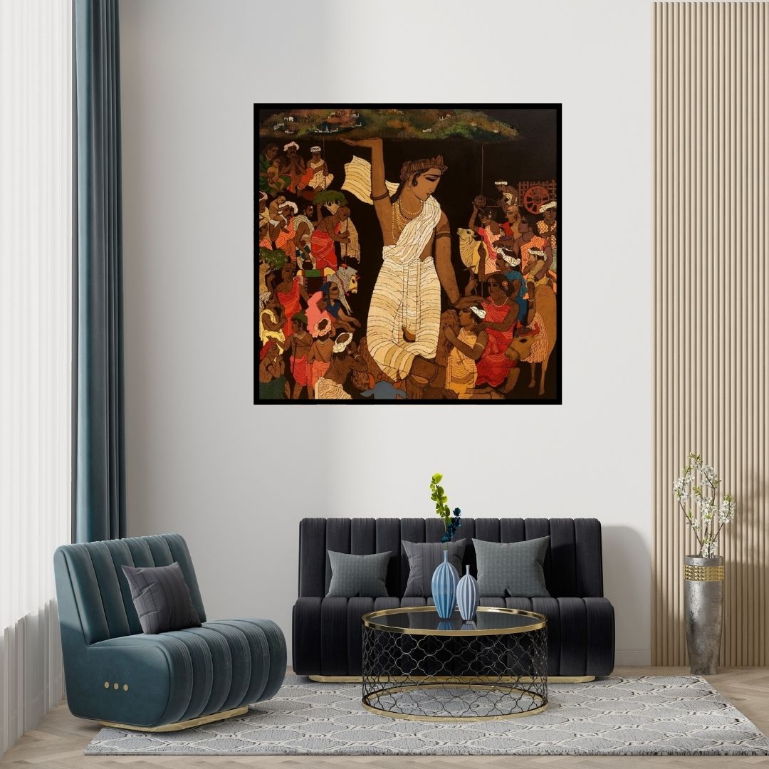Preview of 'Vrindavan 4 (Krishna Lifting Govardhan Hill)' Painting by Siddharth Shingade shown on a wall in a furnished room.