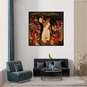 Preview of 'Vrindavan 4 (Krishna Lifting Govardhan Hill)' Painting by Siddharth Shingade shown on a wall in a furnished room.