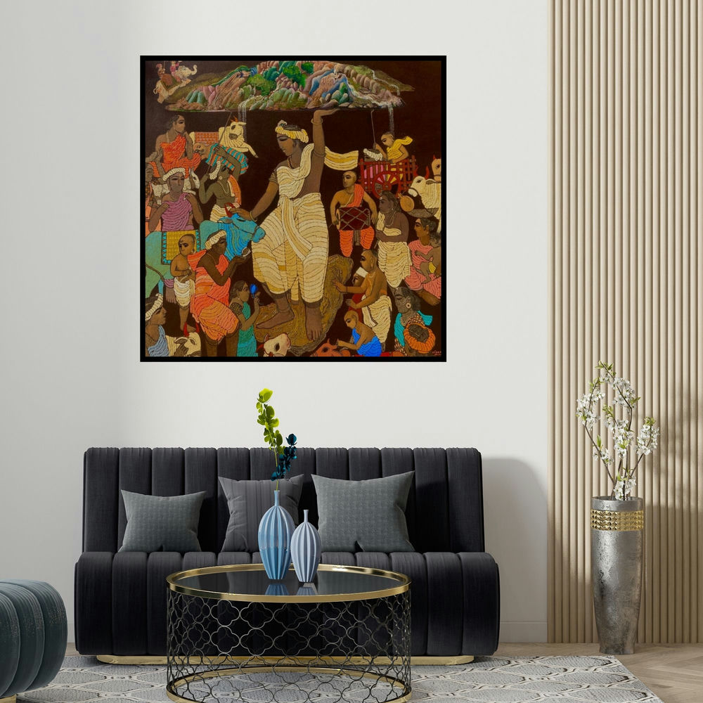 Siddharth Shingade's 'Vrindavan 5 (Royal Journey)' painting visualized above a sofa in a contemporary room.