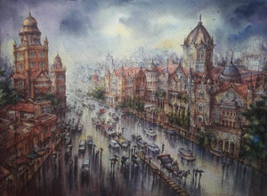 Vt Station In Mumbai 2 (The City in the Rain) by Shubhashis Mandal, Original Watercolor Cityscape Painting on Handmade Paper, Medium Horizontal Wall Art