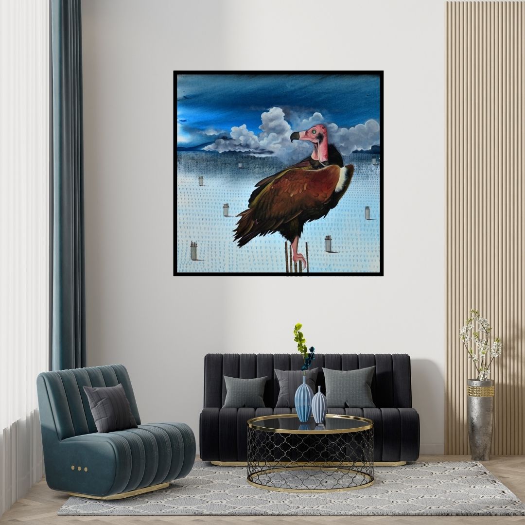 Preview of 'Vulture (The Scavenger)' Painting by Ashish Kushwaha shown on a wall in a furnished room.