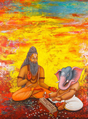 Vyasa Katha (Path to Enlightenment) by Shivani Attri, Original Acrylic Religious Painting on Canvas, Large Vertical Wall Art