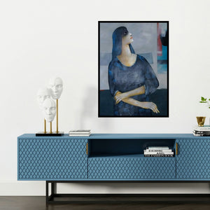 'Waiting (The Cosmic Twins)' painting by Mihir Kayal shown on a wall in a furnished room.