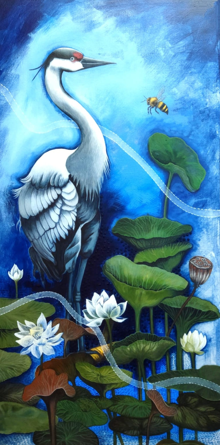 Waiting' animals acrylic painting by artist Shyamali Paul, 40x20 inch, on canvas
