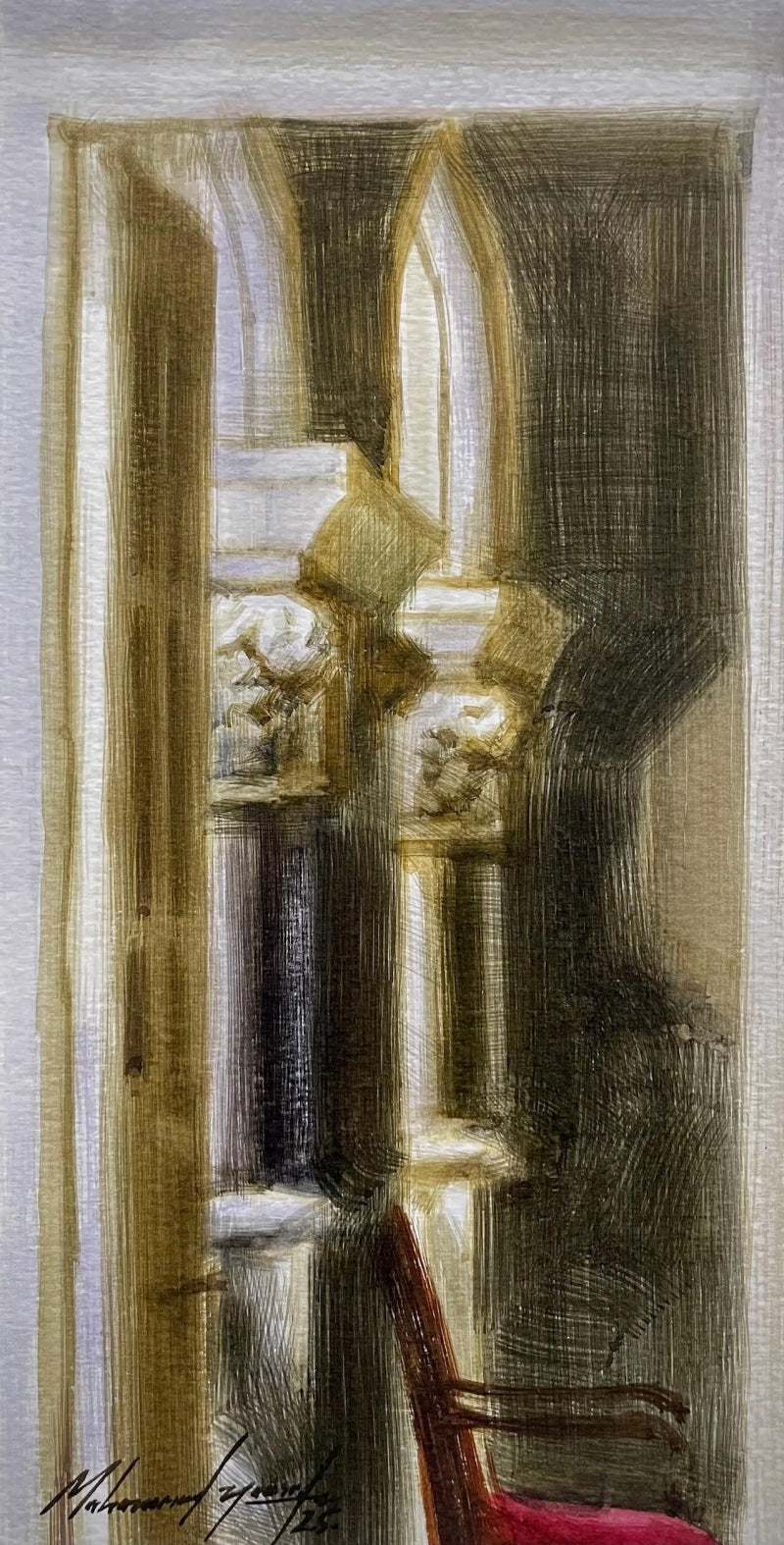 'Waiting' landscape watercolor painting by artist Mohammad Yusuf, 11x6 inch, on paper