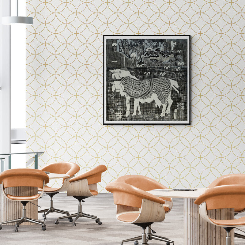 Supriy Sharma's painting 'Waiting For Judgement 3 (The Guarded Secret)' displayed in a modern living room setting