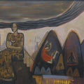 Figurative mixed media titled 'Waiting Outside', 36x60 inches, by artist Arpita Chandra on Canvas