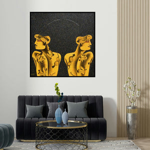 Chikmath Fv's 'Waiting For Turn Around (Dualities: A Figurative Exploration in Yellow and Black)' painting visualized above a sofa in a contemporary room.