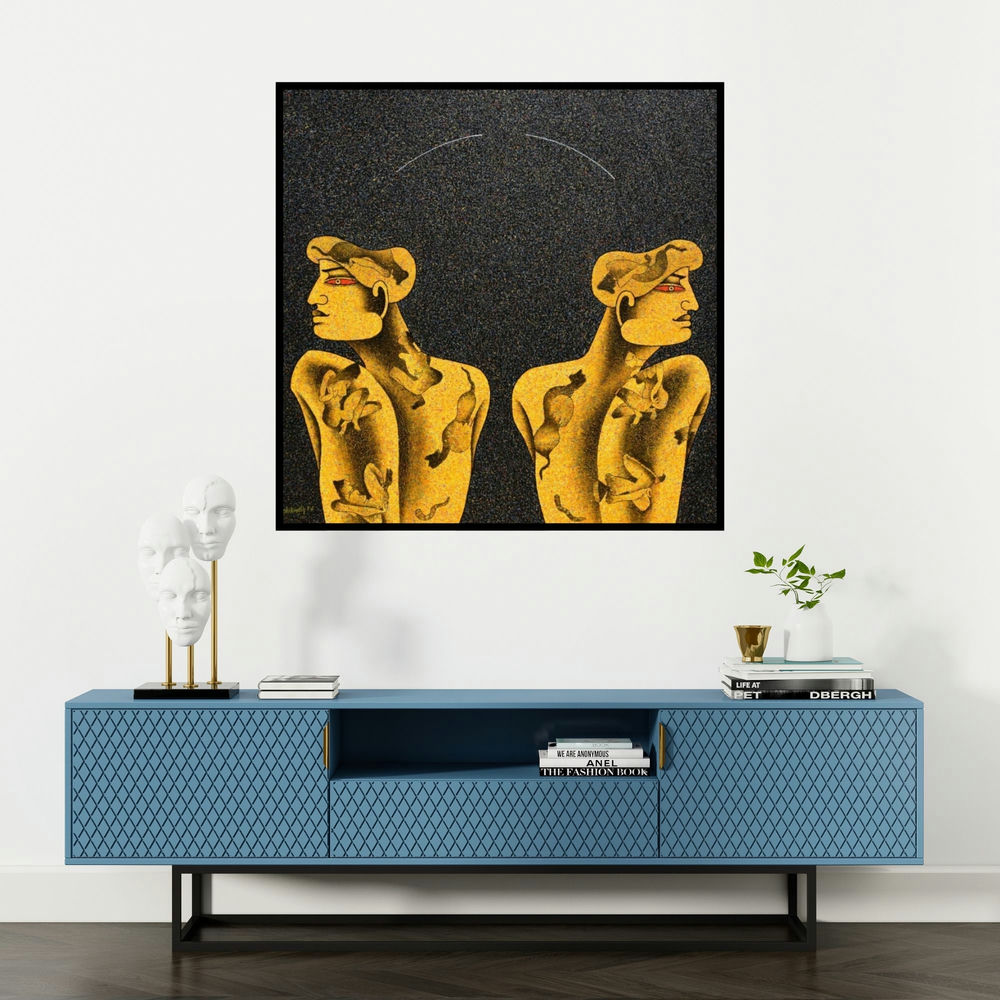 'Waiting For Turn Around (Dualities: A Figurative Exploration in Yellow and Black)' painting by Chikmath Fv shown on a wall in a furnished room.