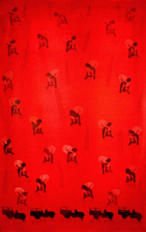 Walk Alone (Red Tide) by Raj Mazinder, Original Acrylic Figurative Painting on Canvas, Large Vertical Wall Art