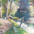 Scenic watercolor painting titled 'Walk By The Stream', 11x14 inches, by artist Sankara Babu on Paper