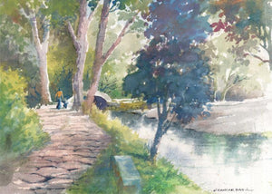 Walk By The Stream (Riverside Reverie) by Sankara Babu, Original Watercolor Scenic Painting on Paper, Small Horizontal Wall Art