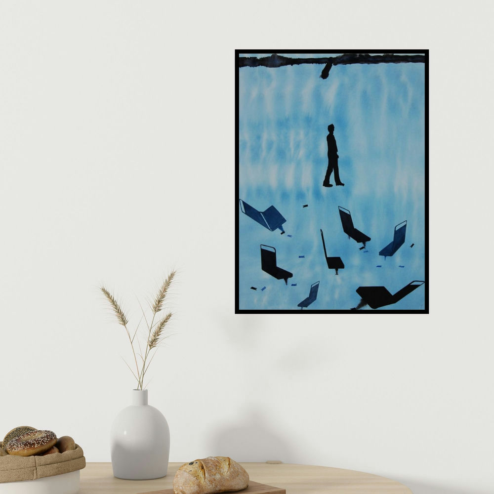 Manish Sutar's 'Walking (Urban Journey: A Figurative Composition)' painting visualized above a sofa in a contemporary room.