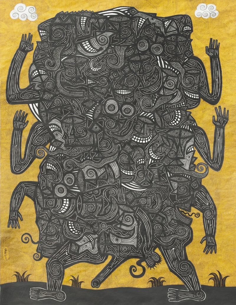 'The Walking Totem' contemporary mixed-media painting by artist Arunangshu Roy, 55x42 inch, on acid free paper