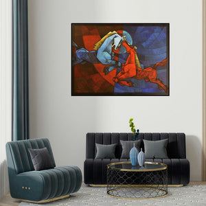 Dinkar Jadhav's 'Waltzing Horses 1' painting visualized above a sofa in a contemporary room.