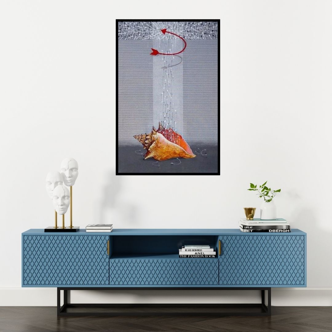 Preview of 'The War (Guided Energy)' Painting by Yogesh Lahane shown on a wall in a furnished room.