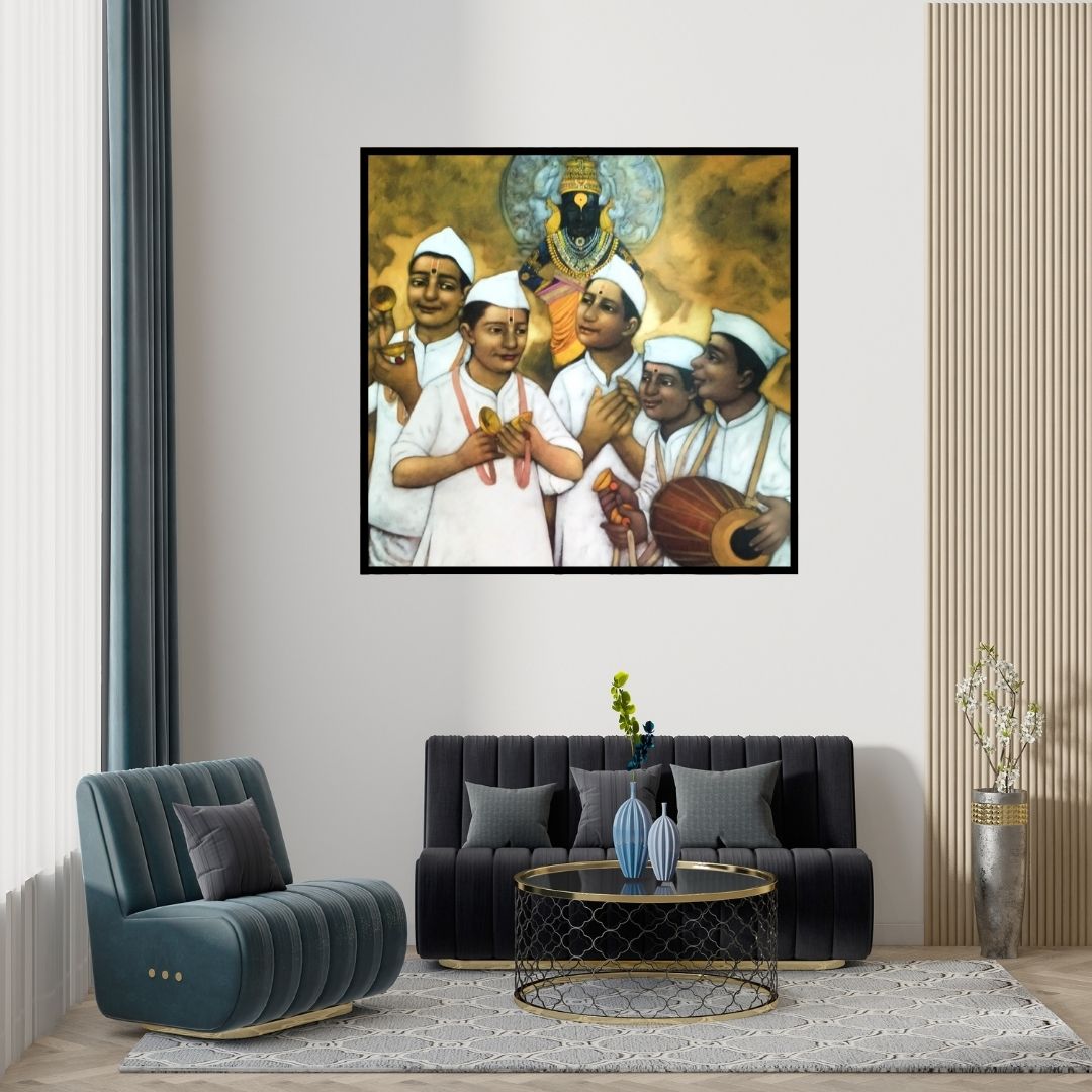 Preview of 'Warkari (Divine Union in Bhakti)' Painting by Apet Pramod shown on a wall in a furnished room.