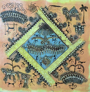 Warli Art 2 (Life in Harmony) by Pradeep Swain, Original Tribal Folk Art Painting on Canvas, X-Small Square Wall Art