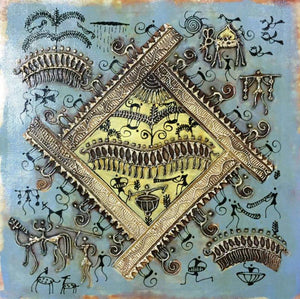 Warli Art 4 (Echoes of Ancestors) by Pradeep Swain, Original Tribal Folk Art Painting on Canvas, X-Small Square Wall Art