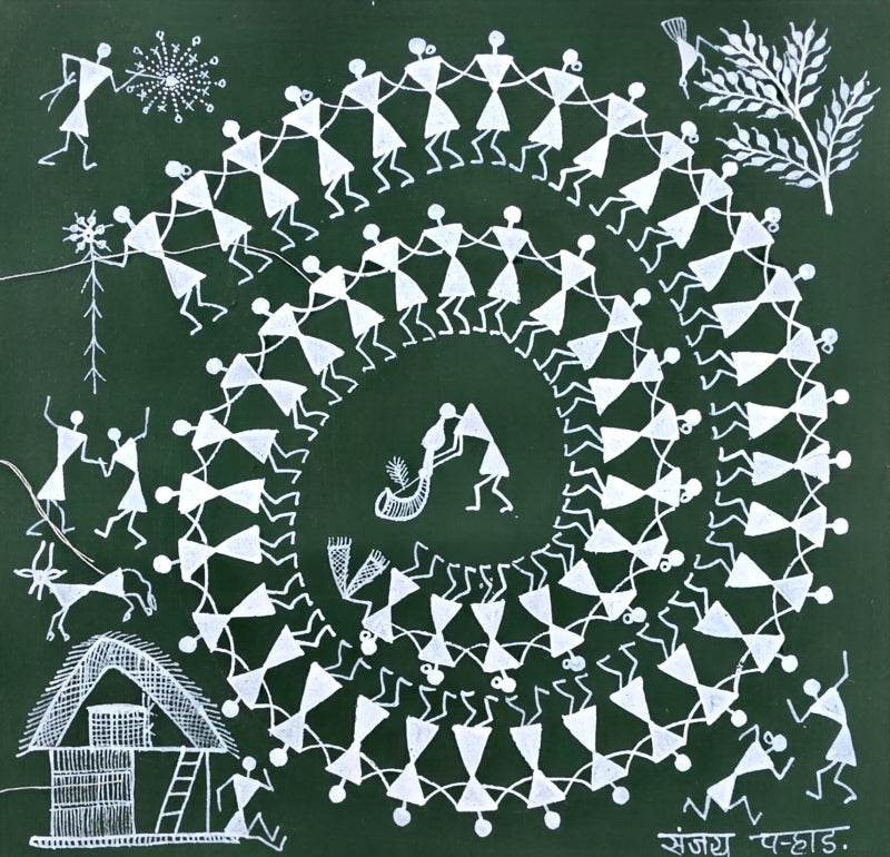Warli Art 63' figurative warli Traditional Art by artist Sanjay Parhad, 8x8 inch, on cloth