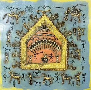 Warli Art 7 (Life in the Village) by Pradeep Swain, Original Tribal Folk Art Painting on Canvas, X-Small Square Wall Art