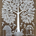Warli Art 74' figurative warli Traditional Art by artist Sanjay Parhad, 20x11 inch, on cloth