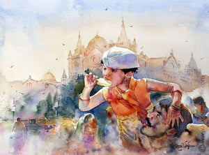 Warm Sun Warmer Love (Couple in the Sun) by Vikrant Shitole, Original Watercolor Landscape Painting on Paper, Small Horizontal Wall Art