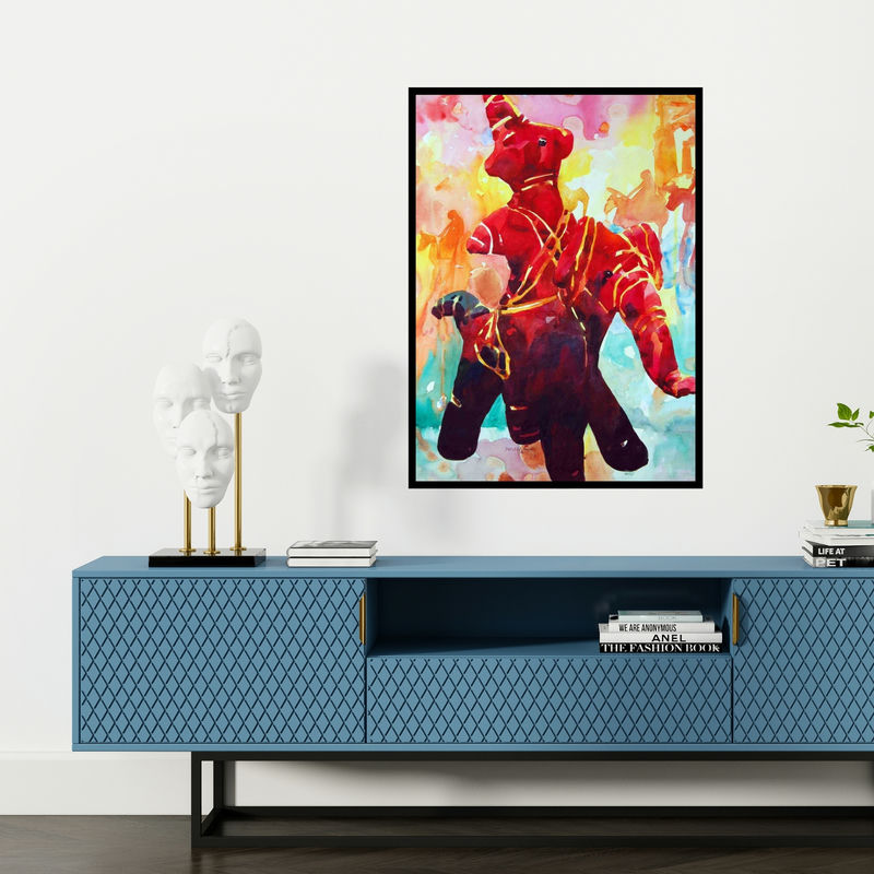 Preview of 'Warrior (Crimson Charger)' Painting by Manas Biswas shown on a wall in a furnished room.