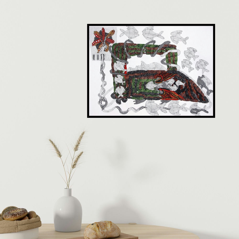 Supriy Sharma's 'Washer Woman 2 (Iron Aquarium)' painting visualized above a sofa in a contemporary room.