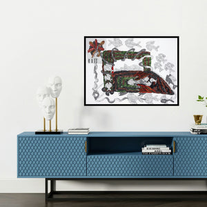'Washer Woman 2 (Iron Aquarium)' painting by Supriy Sharma shown on a wall in a furnished room.