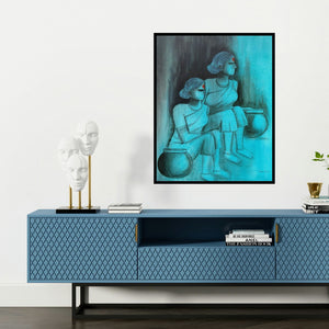 'Watching (Two Women with Water Pots)' painting by Janaki Injety shown on a wall in a furnished room.