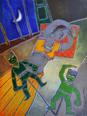 Watchmen (The Dreamers Realm) by Santanu Nandan Dinda, Original Acrylic Figurative Painting on Canvas, Large Vertical Wall Art