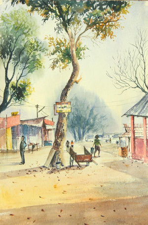Water Colour On The Spot At Assam (Rural Reverie) by Biki Das, Original Watercolor Cityscape Painting on Paper, Small Vertical Wall Art